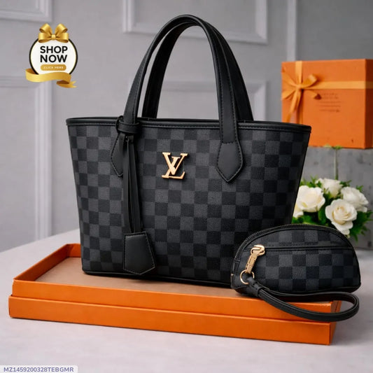 Women Printed Handbag Set Black Brown Off White 2 Pcs