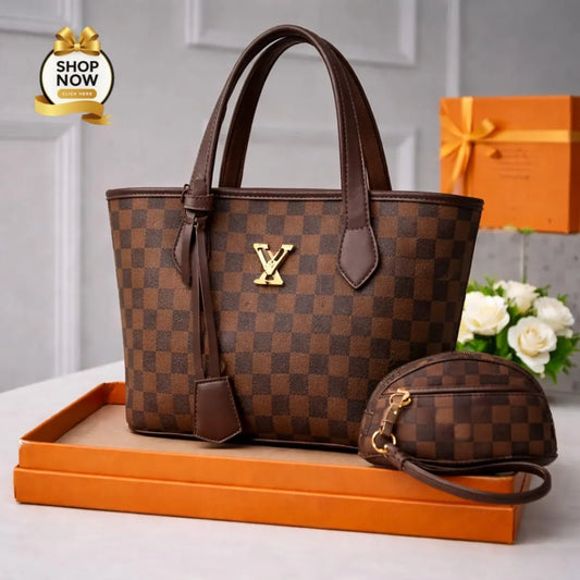 Women Printed Handbag Set Black Brown Off White 2 Pcs