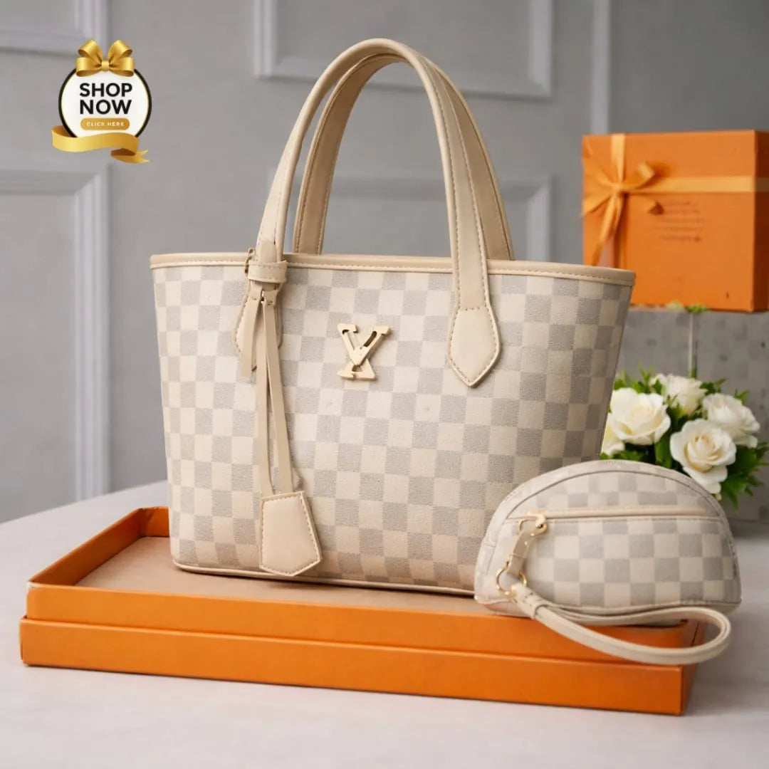Women Printed Handbag Set Black Brown Off White 2 Pcs