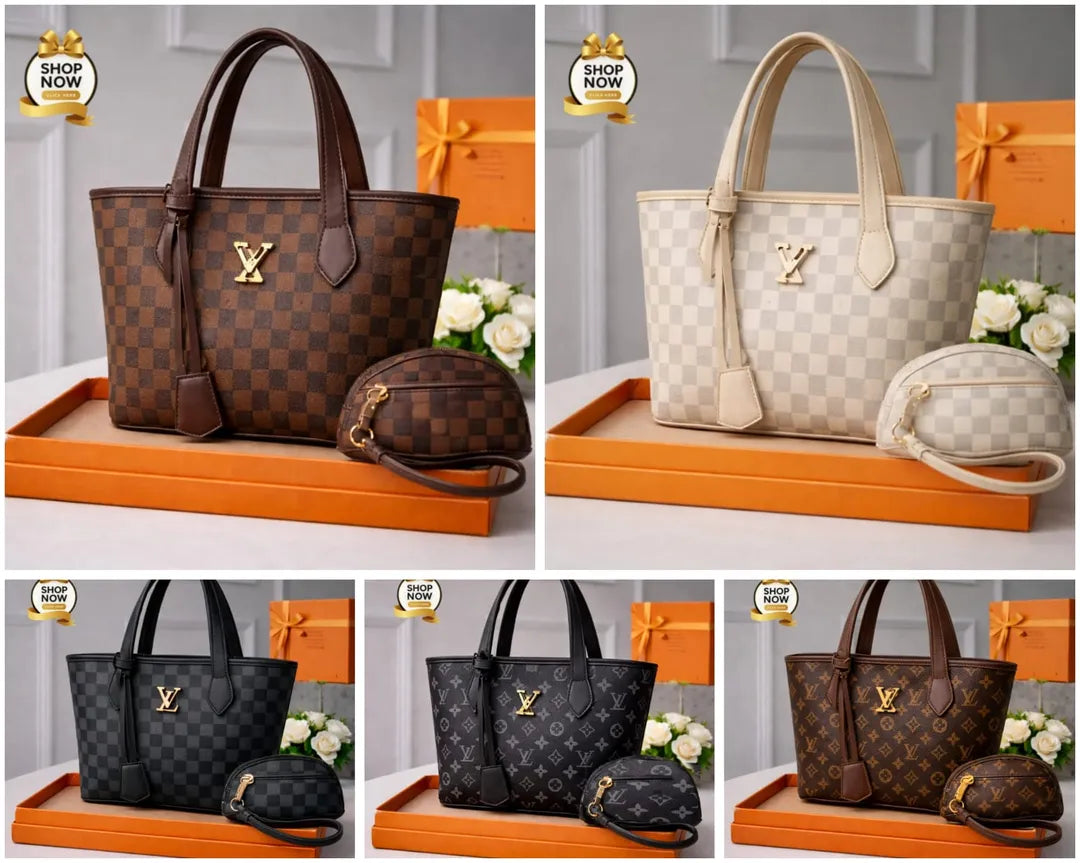 Women Printed Handbag Set Black Brown Off White 2 Pcs