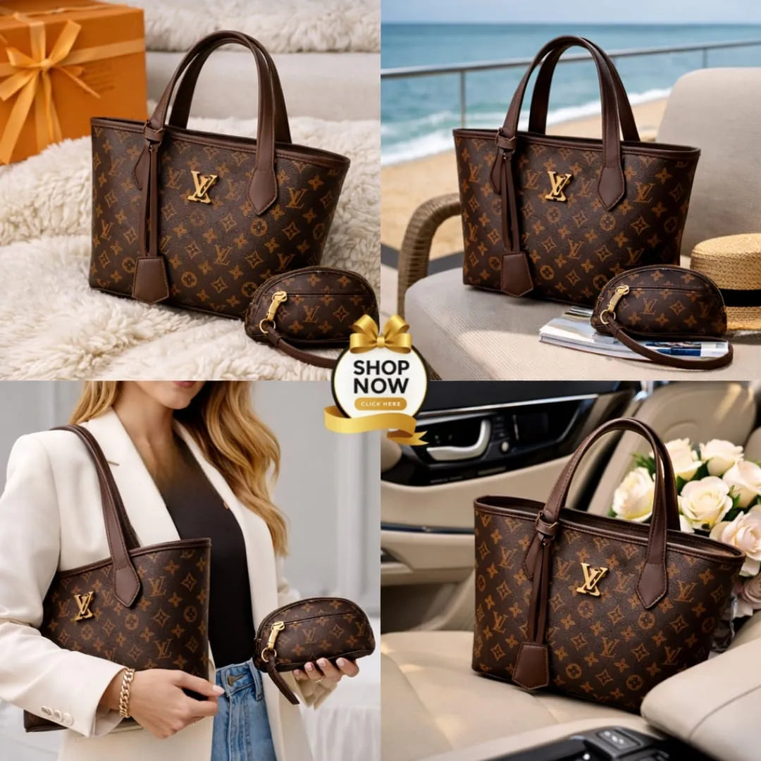 Women Printed Handbag Set Black Brown Off White 2 Pcs