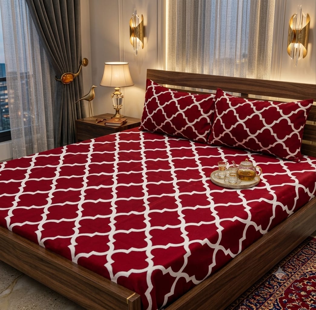 Red Crystal Cotton Double Bedsheet Set 3 Pcs