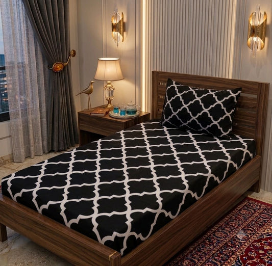 Black Crystal Cotton Single Bedsheet with Pillow Cover